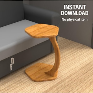 May include: A wooden side table with a unique, curved design. The table has a square top and base, connected by a single, flowing leg. The text "INSTANT DOWNLOAD" and "No physical item" is visible.