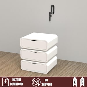 Plano de mesita de noche moderna de tres cajones / Mesita de noche de madera contrachapada apilada / Armario de suelo curvo / Plantillas DXF CNC + imprimibles 1:1