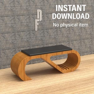 Op de afbeelding: Een moderne houten bank met een zwart blad. De bank heeft een uniek gebogen ontwerp met verticale houten latten. De tekst "INSTANT DOWNLOAD" en "No physical item" zijn zichtbaar op de achtergrond.