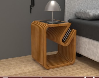 Plans de table de chevet moderne Pdf | Table de chevet DIY en contreplaqué avec porte-revues | Fichiers DXF CNC pour meubles paramétriques | Modèles de menuiserie