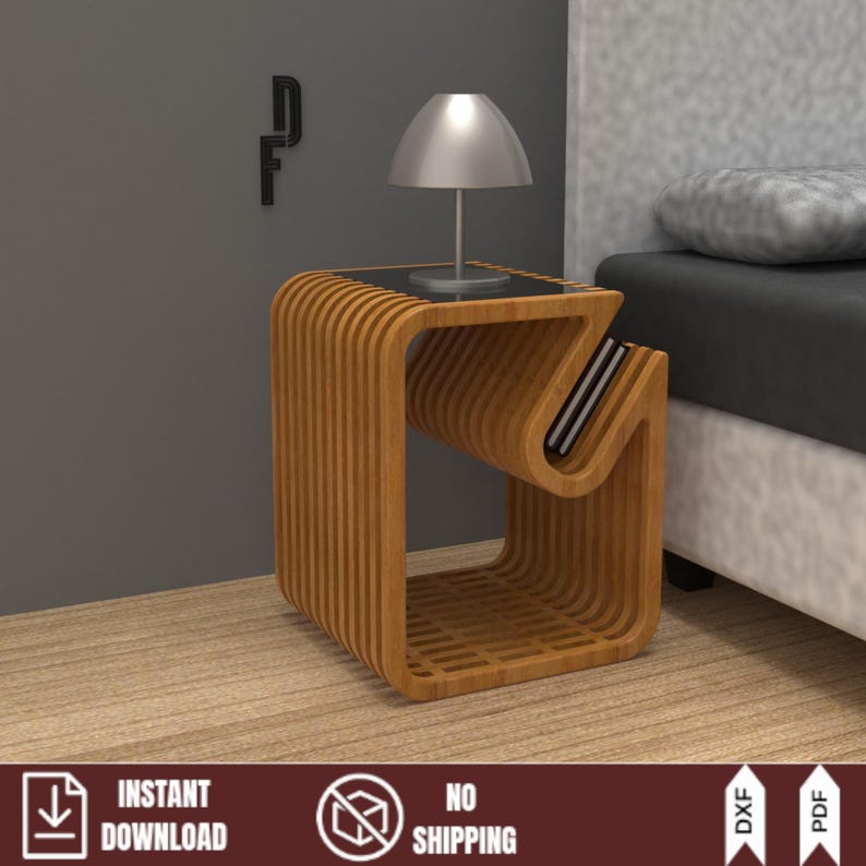 Modern parametric wooden nightstand render. Stylish bedside table design with a curved magazine rack shelf. Digital CNC furniture plans (DXF/PDF) for plywood DIY projects.