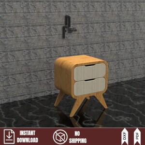 Modern curved light wood nightstand render with two drawers and tapered legs. This image represents a digital DXF plan for CNC routers to build this DIY furniture piece.