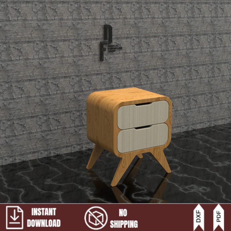 Modern curved light wood nightstand render with two drawers and tapered legs. This image represents a digital DXF plan for CNC routers to build this DIY furniture piece.