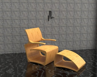 May include: A wooden chair with a matching ottoman. The chair and ottoman have a unique, curved design. The chair has a back and armrests. The chair and ottoman are sitting on a black floor.