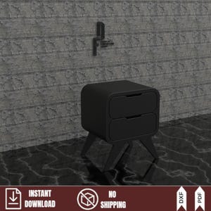 Minimalist black curved nightstand render showing the finished DIY project. A modern two-drawer bedside table design available as digital CNC DXF cutting files and PDF assembly guide.