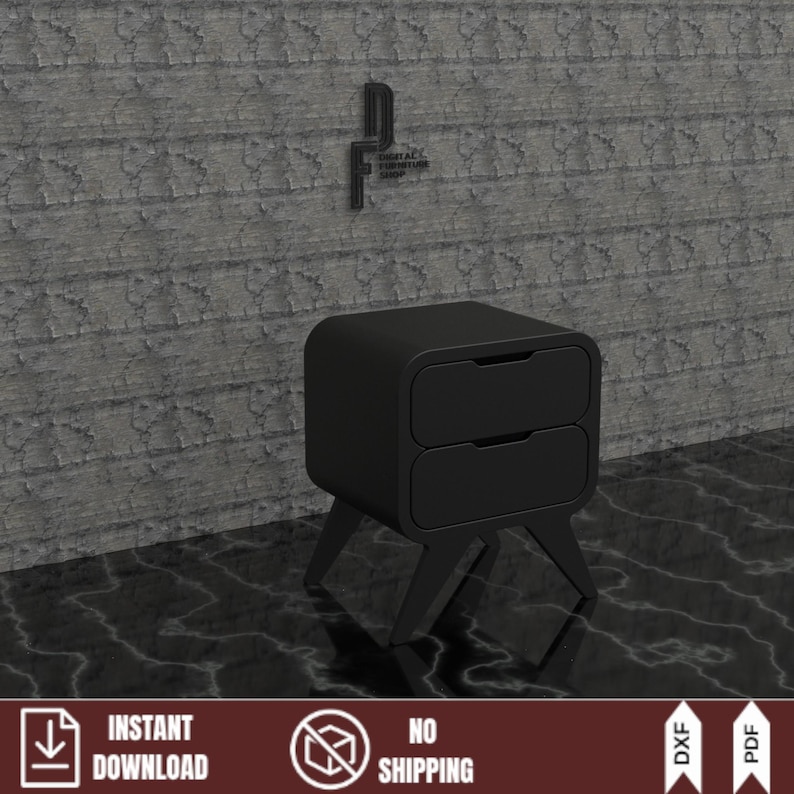 Minimalist black curved nightstand render showing the finished DIY project. A modern two-drawer bedside table design available as digital CNC DXF cutting files and PDF assembly guide.