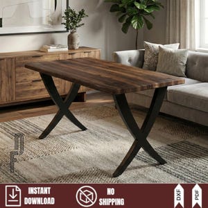 May include: A rectangular wooden table with a dark brown finish, supported by black metal cross-shaped legs. The table is set in a living room with a neutral-toned rug and sofa. The image also includes text that says "INSTANT DOWNLOAD" and "NO SHIPPING".