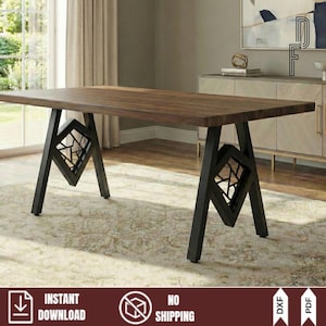 Op de afbeelding: Een rechthoekige houten eettafel met een donkerbruine afwerking. De tafel heeft zwarte metalen poten met een geometrisch ontwerp. De tafel staat in een goed verlichte kamer met een neutrale kleurstelling.