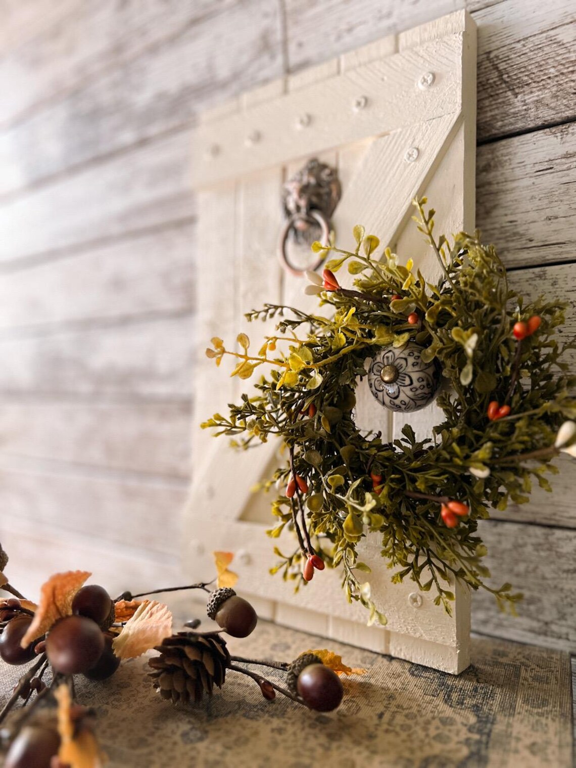 Autumn Rustic White Barn Door/wreath Wall Decor. Small Rustic, Antique