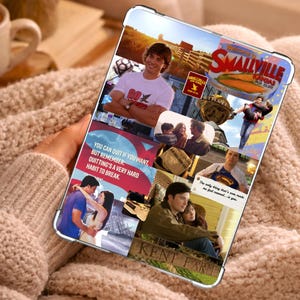 May include: A rectangular tablet case featuring a collage of Smallville imagery, including a Welcome to Smallville sign, a Smallville High School emblem, and various scenes of characters. Text includes: You can quit if you want, but remember: quitting's a very hard habit to break, and The only thing that's ever made me feel normal... is you, plus Kent Farm.