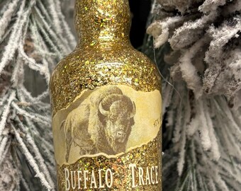 Upcycled Buffalo Trace Kentucky Bourbon bottle ornament, Bar tree ornament