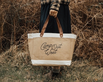 Farmers Market Jute Shopping Bag | Camp Out West Bag | Faux Leather Handles | Eco Hessian Tote Bag