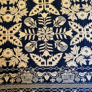 Antique Coverlet Overshot jacquard Early American Double Weave textile 75.5" X 80" Blue White Flowers Vines Hand Woven Neoclassical 1800s
