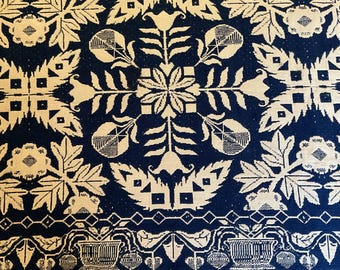 Antique Coverlet Overshot jacquard Early American Double Weave textile 75.5" X 80" Blue White Flowers Vines Hand Woven Neoclassical 1800s