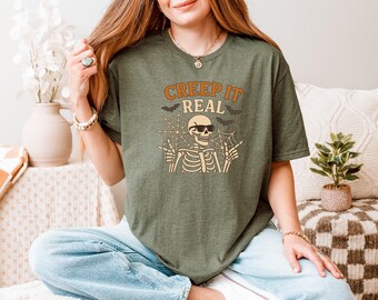 Creep It Real Shirt, Funny Skeleton Halloween Tee, Spooky Skeleton Graphic Shirt, Cool Halloween Aesthetic Top