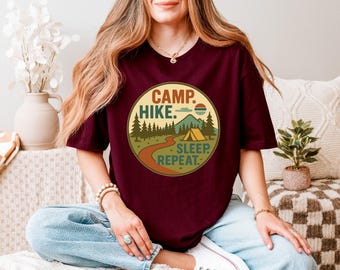 Camp Hike Sleep Repeat Shirt, Retro Camping Adventure Tee, Outdoor Nature Lover T-Shirt, Hiking Explorer Gift for Campers