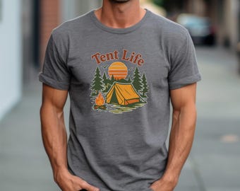 Tent Life Shirt, Retro Camping T-Shirt, Outdoor Adventure Tee, Nature Lover Gift, Cozy Campfire and Tent Under Sunset Top