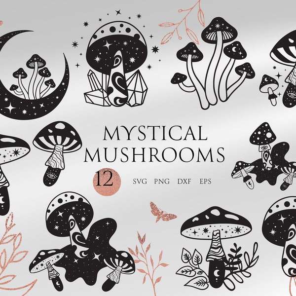 Mystical Mushroom SVG Bundle, Magic Mushrooms, PNG, EPS, Transparent Mushrooms Svg files for Cricut, Svg design bundles, Mushroom Logo