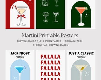 Puede incluir: Nueve pósters imprimibles con diferentes cócteles de martini con temas navideños festivos. Los pósters son de estilo minimalista con un fondo simple y una sola copa de martini en el centro. El texto en los pósters incluye "Candy Cane Martini", "A Christmas Cocktail", "Jack Frost Martini", "Falala" y "Just a Classic Martini".