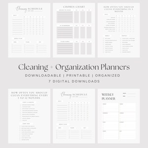 May include: Printable cleaning and organisation planner set with seven different checklists. The checklists include a daily cleaning schedule, a weekly planner, a monthly cleaning schedule, and a chore chart for around the house, in the bedroom, and other chores. The checklists are designed to help you stay organised and on top of your cleaning tasks.