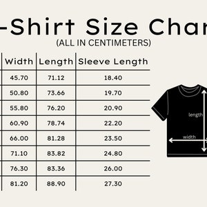 May include: T-shirt size chart in centimetres. The chart shows the width, length, and sleeve length for sizes S through 5XL.