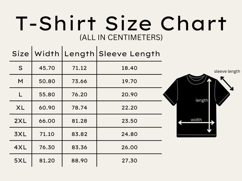 May include: T-shirt size chart in centimetres. The chart shows the width, length, and sleeve length for sizes S through 5XL.