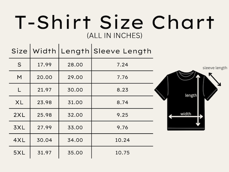 May include: T-shirt size chart in inches, showing measurements for width, length, and sleeve length for sizes S through 5XL.