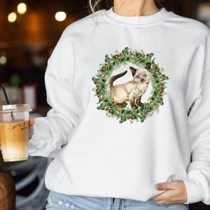 Christmas Wreath Siamese Kitten Sweatshirt, Vintage Kitten Gift, Gift For Her, Cat Crewneck, Catmas, Cat Lover Gift