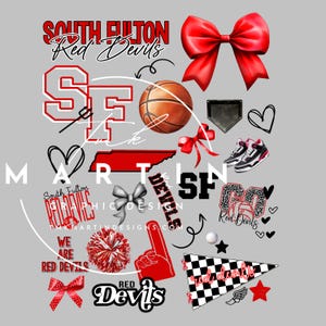 May include: A red, white, and black graphic design featuring the text "South Fulton Red Devils" and various sports-related imagery, including a basketball, a baseball, a volleyball, a cheerleader's pom-pom, and a Tennessee state outline.