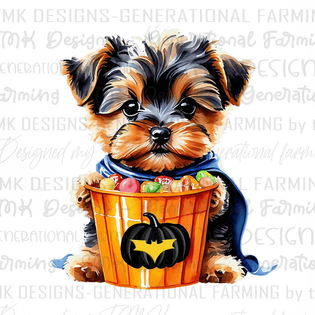 Yorkie Puppy With Halloween Pumpkin - PNG Digital Design - Dog - Trick ...