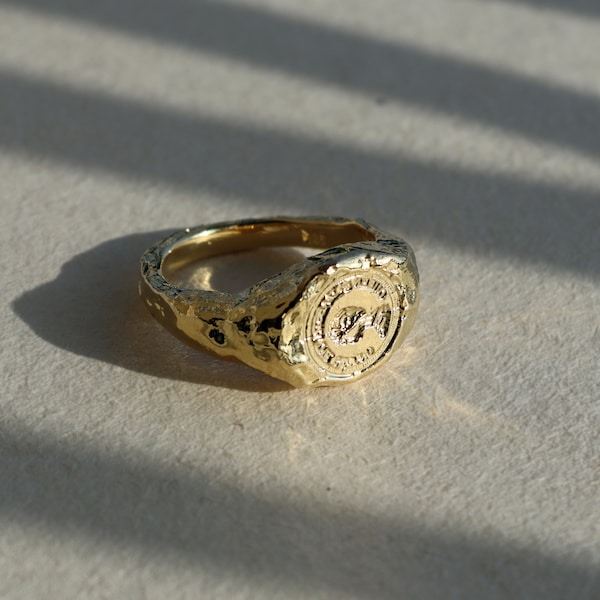 gold Stamp Ring Artsian Statement ring stamp Coin Ring unisex Boho Ring Antique gold vermeil signet ring simple chevalier Dainty ring
