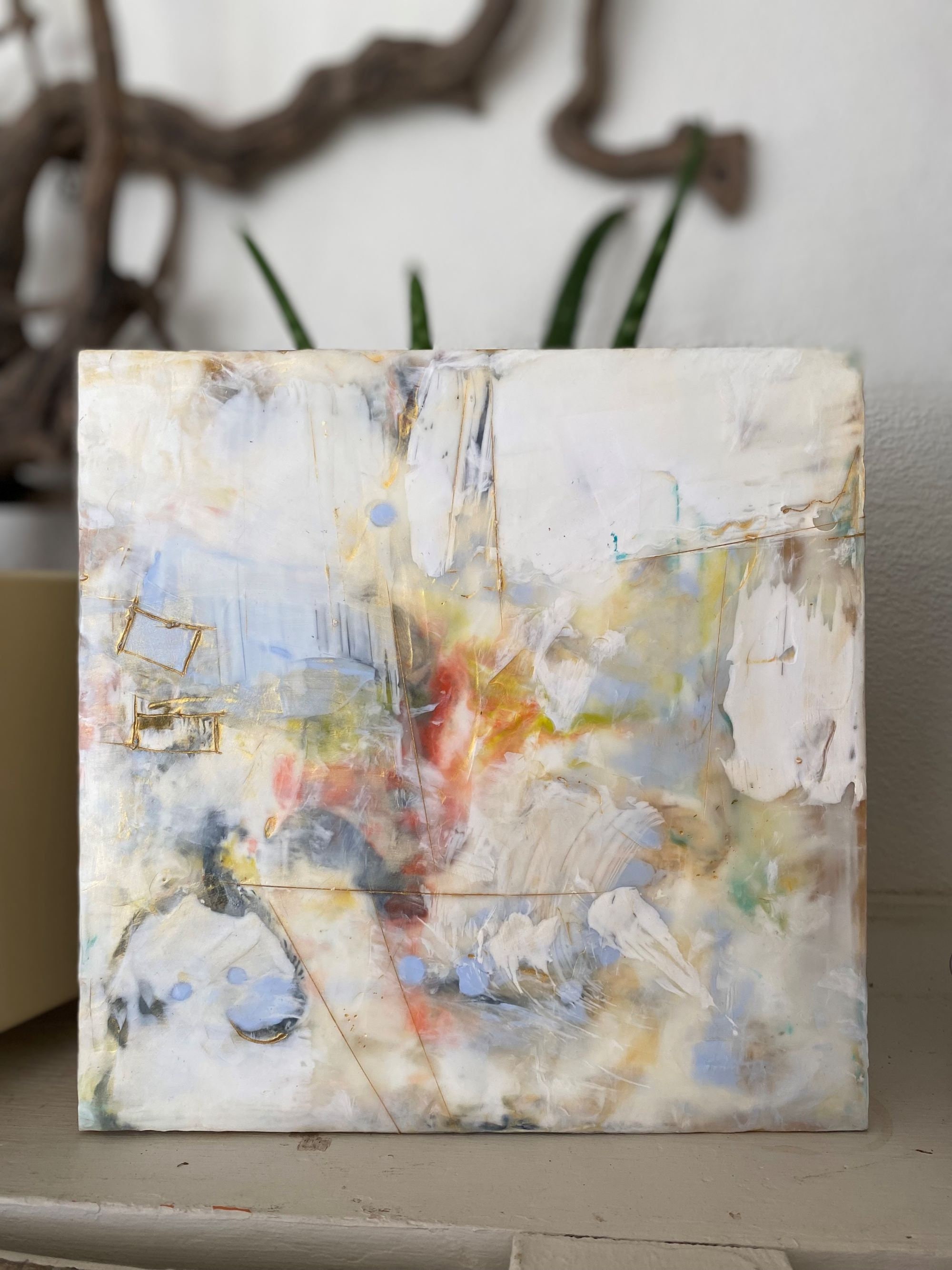 Abstract encaustic (beeswax & damar resin) painting on birch panel, 8"x8"