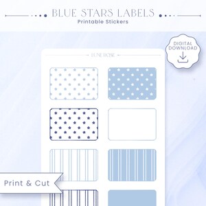 May include: A sheet of printable stickers featuring blue star patterns. The design includes rectangular labels with different blue star and striped patterns. The text "BLUE STARS LABELS" and "Printable Stickers" is at the top. A digital download icon is in the upper right.