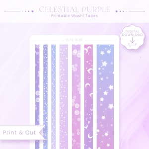 May include: A digital download sheet of Celestial Purple printable washi tapes featuring eight vertical strips with various patterns including stars, moons, and bokeh circles in shades of purple, lavender, and blue with the text Print & Cut.