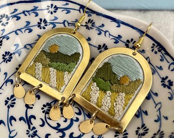 Hand Embroidered Earrings, Handmade jewelry, Landscape jewelry, Forest jewelry, Seascape, Tiny Landscapes, Embroidered jewelry, Arch Earring