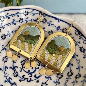 Hand Embroidered Earrings, Handmade jewelry, Landscape jewelry, Forest jewelry, Seascape, Tiny Landscapes, Embroidered jewelry, Arch Earring image 1