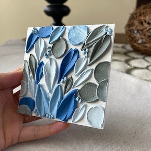 Impasto Floral Painting: Blue & Grey Texture Art, 4x4 Wood Panel