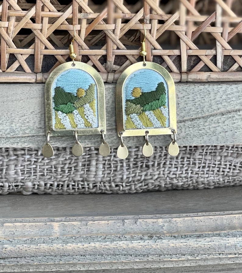 Hand Embroidered Earrings, Handmade jewelry, Landscape jewelry, Forest jewelry, Seascape, Tiny Landscapes, Embroidered jewelry, Arch Earring image 5