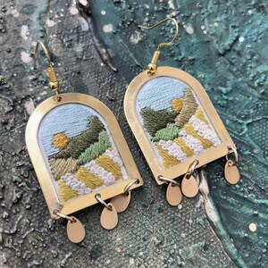 Hand Embroidered Earrings, Handmade jewelry, Landscape jewelry, Forest jewelry, Seascape, Tiny Landscapes, Embroidered jewelry, Arch Earring image 4