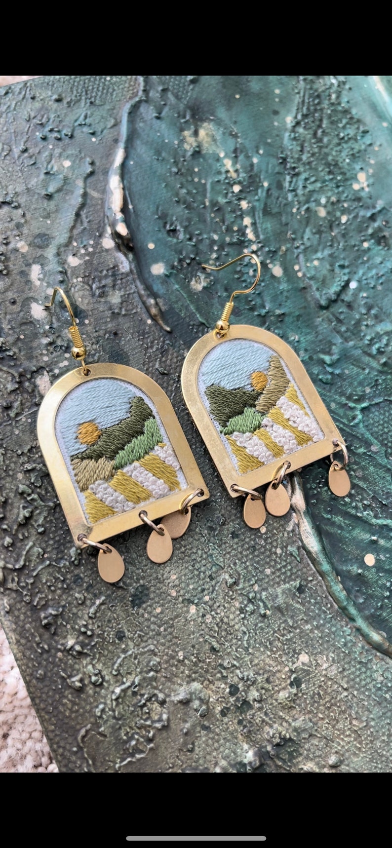 Hand Embroidered Earrings, Handmade jewelry, Landscape jewelry, Forest jewelry, Seascape, Tiny Landscapes, Embroidered jewelry, Arch Earring image 4