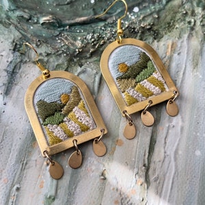 Hand Embroidered Earrings, Handmade jewelry, Landscape jewelry, Forest jewelry, Seascape, Tiny Landscapes, Embroidered jewelry, Arch Earring image 2