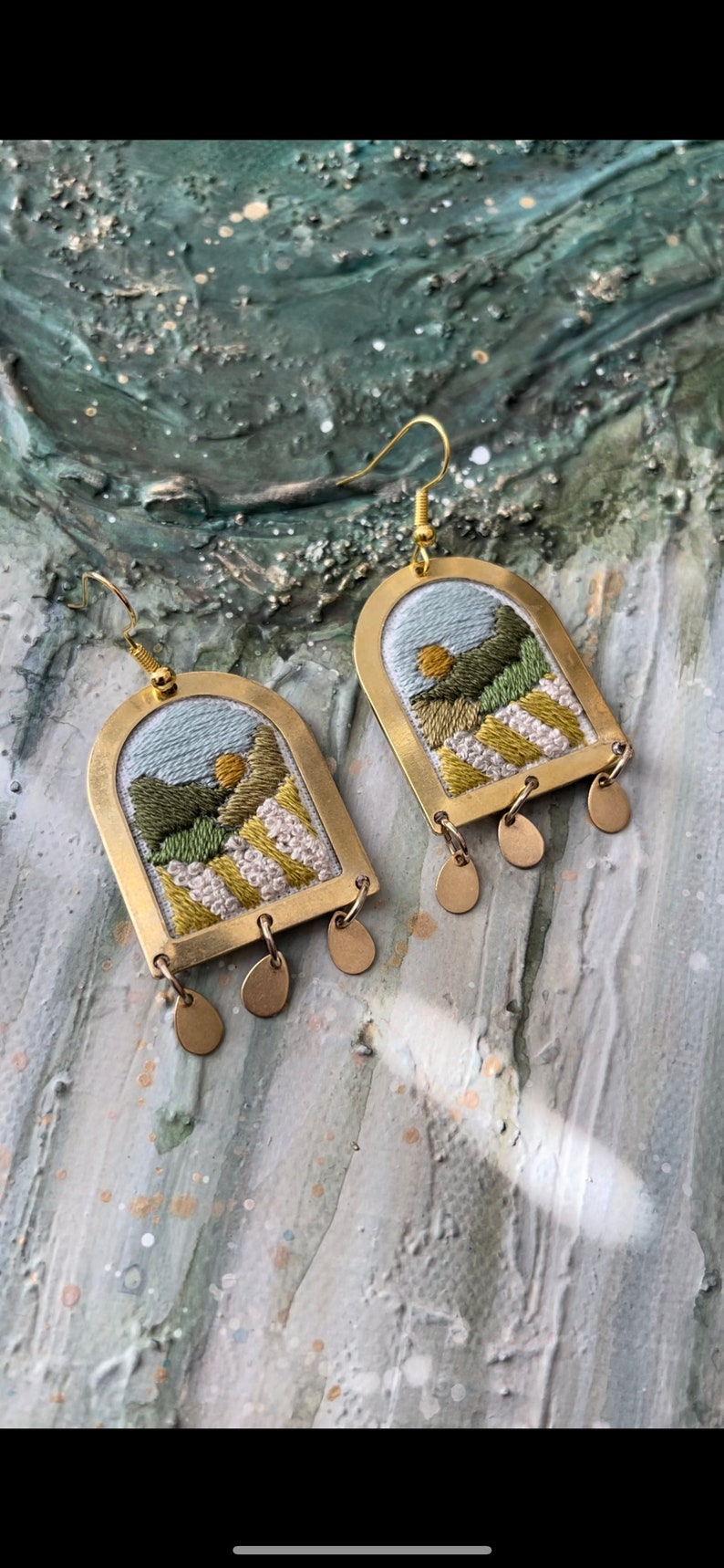 Hand Embroidered Earrings, Handmade jewelry, Landscape jewelry, Forest jewelry, Seascape, Tiny Landscapes, Embroidered jewelry, Arch Earring image 2