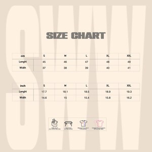 May include: Size chart for clothing in inches and centimetres. The chart shows the measurements for length and width of a garment in sizes S, M, L, XL, and XXL.