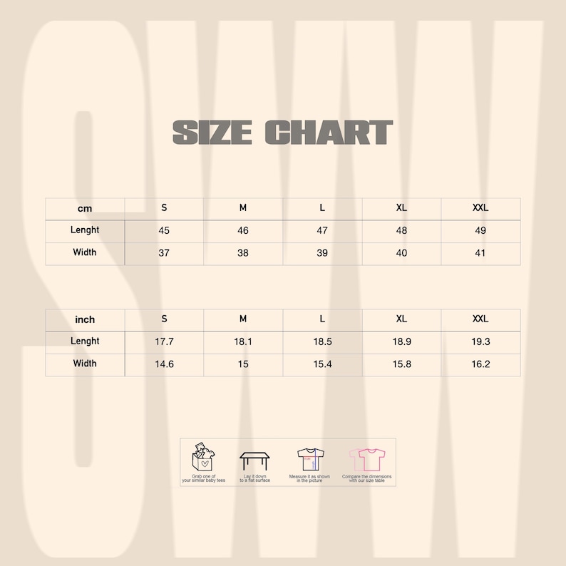 May include: Size chart for clothing in inches and centimetres. The chart shows the measurements for length and width of a garment in sizes S, M, L, XL, and XXL.
