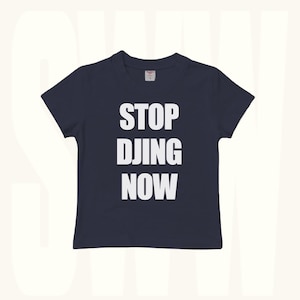 Navy Y2K baby tee with bold anti-DJ statement print