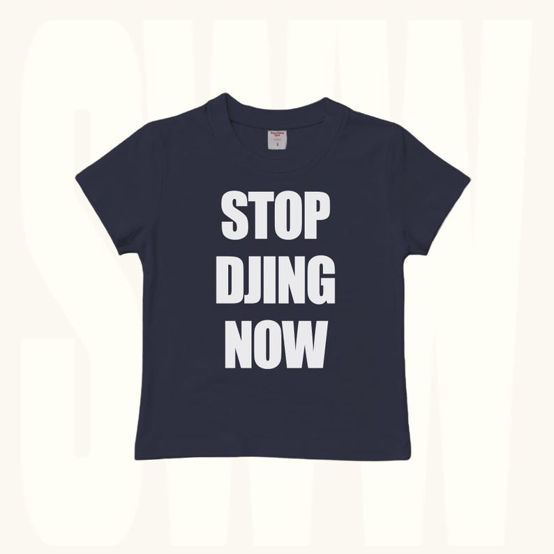 Navy Y2K baby tee with bold anti-DJ statement print