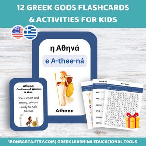 Cartes mémoire des dieux de l'Olympe pour enfants, lot d'activités grecques pour enfants et autocollants mythologiques avec pages en couleur supplémentaires sur le thème de la Grèce antique
