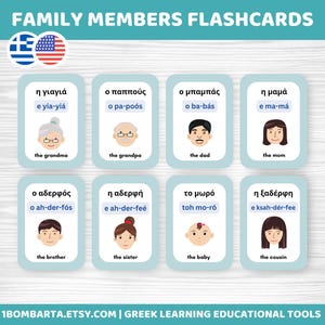 Greek Alphabet Lettering Family Members Flash Cards, Greek Student Basic Learning Letter Sounds,Bilingual Flashcards,Pre Schooling Education