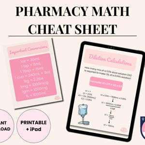 Może przedstawiać: Cyfrowa ściąga z matematyki farmaceutycznej z ważnymi przelicznikami i obliczeniami rozcieńczeń. Obraz przedstawia różowo-białą kartkę do wydruku i tablet z formułami. Tekst zawiera "Natychmiastowe pobieranie" i "Do wydruku + iPad".