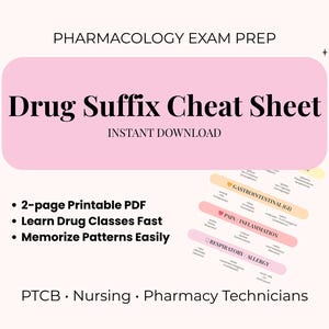 May include: A pink and white printable study guide titled "Drug Suffix Cheat Sheet" for pharmacology exam prep. The guide includes a list of drug suffixes and their meanings, with sections for gastrointestinal, pain/inflammation, and respiratory/allergy. It is designed for pharmacy technicians and nursing students.